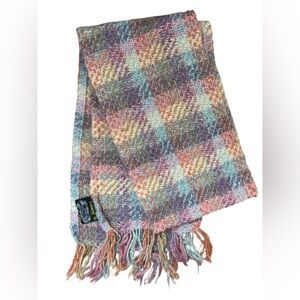 Vintage TAPESTRIES IRELAND Handcrafted Wool Scarf Helena Ruuth Rainbow Plaid 66”